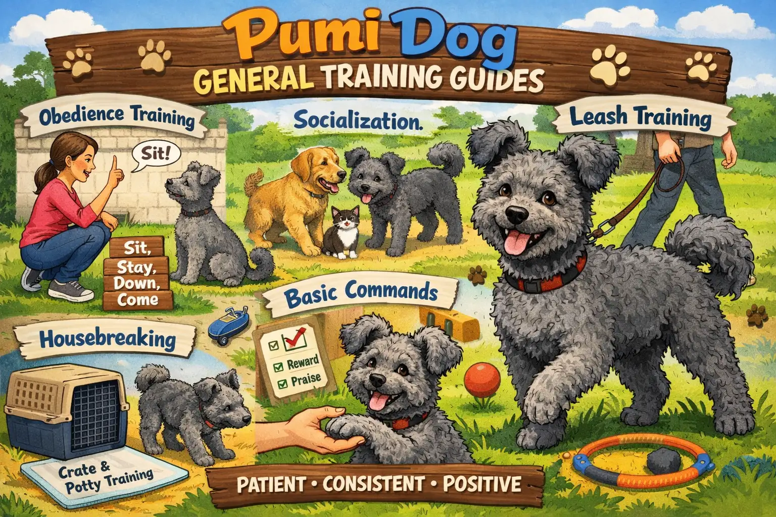 Pumi dog training session with an alert curly-coated Pumi learning basic commands at home
