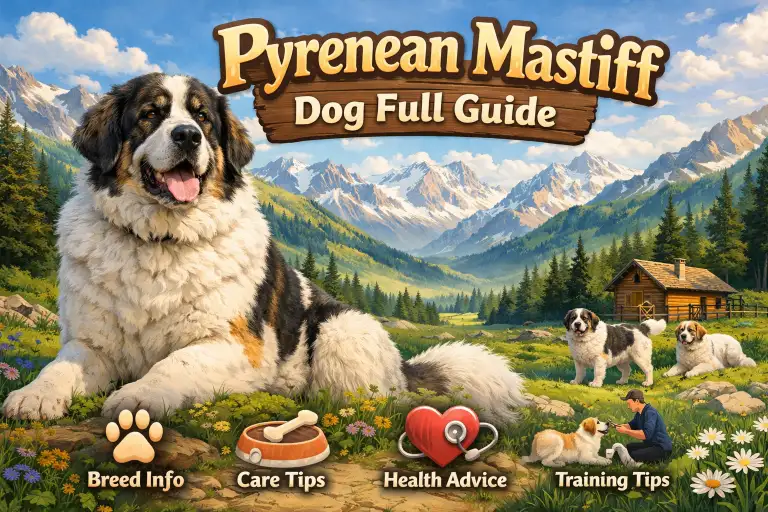 Pyrenean Mastiff standing in a mountain setting with long coat, large frame, and calm expression