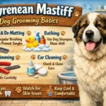 : Pyrenean Mastiff being brushed to maintain its long, dense coat and reduce shedding