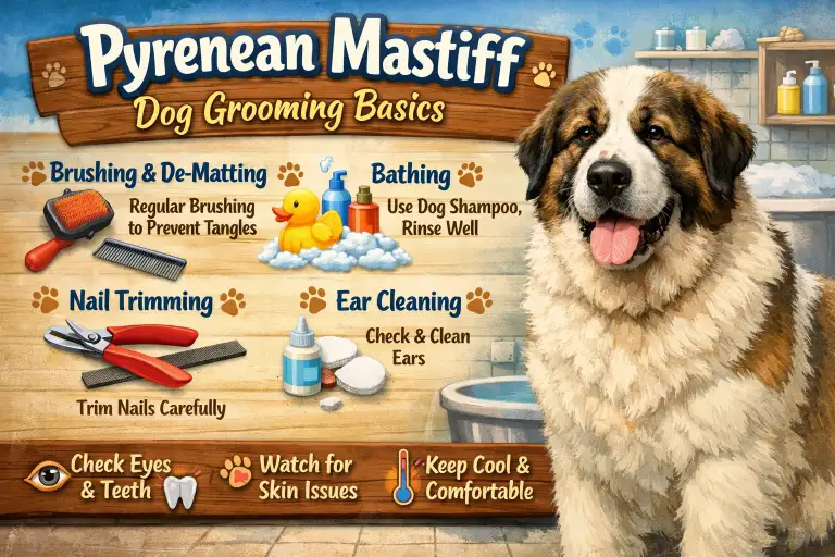 : Pyrenean Mastiff being brushed to maintain its long, dense coat and reduce shedding