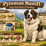Large Pyrenean Mastiff resting near food bowls, showing strong build and heavy coat