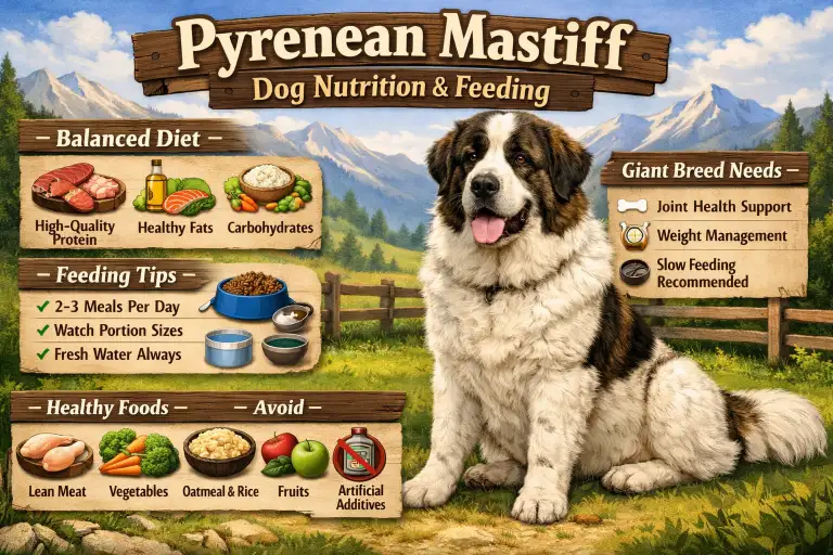 Large Pyrenean Mastiff resting near food bowls, showing strong build and heavy coat