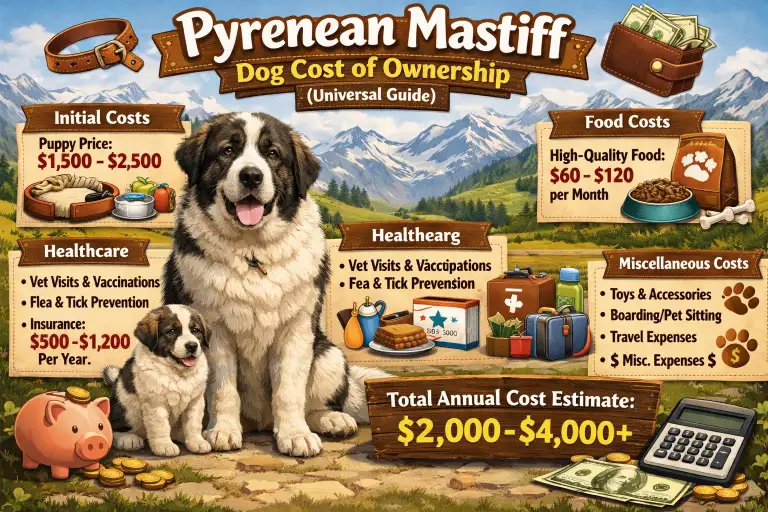 Adult Pyrenean Mastiff standing outdoors in a rural environment, highlighting its guardian size