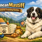 : Pyrenean Mastiff calmly following commands during outdoor obedience training