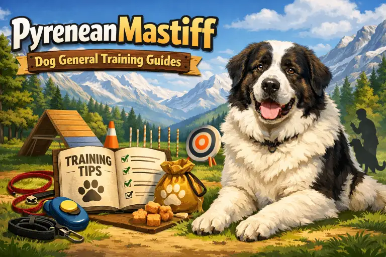 : Pyrenean Mastiff calmly following commands during outdoor obedience training