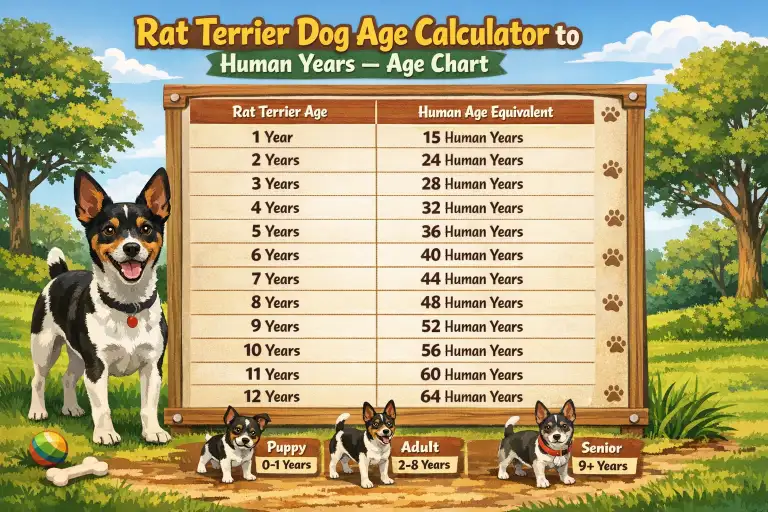 Rat Terrier age in human years chart showing dog years conversion by age
