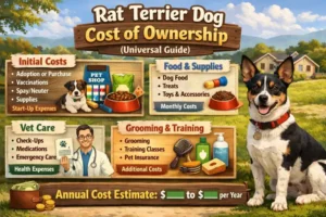 Rat Terrier cost guide showing puppy price, monthly expenses, vet care, food, grooming, and lifetime ownership costs