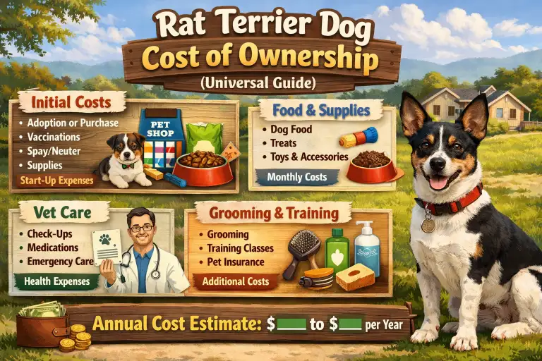 Rat Terrier cost guide showing puppy price, monthly expenses, vet care, food, grooming, and lifetime ownership costs