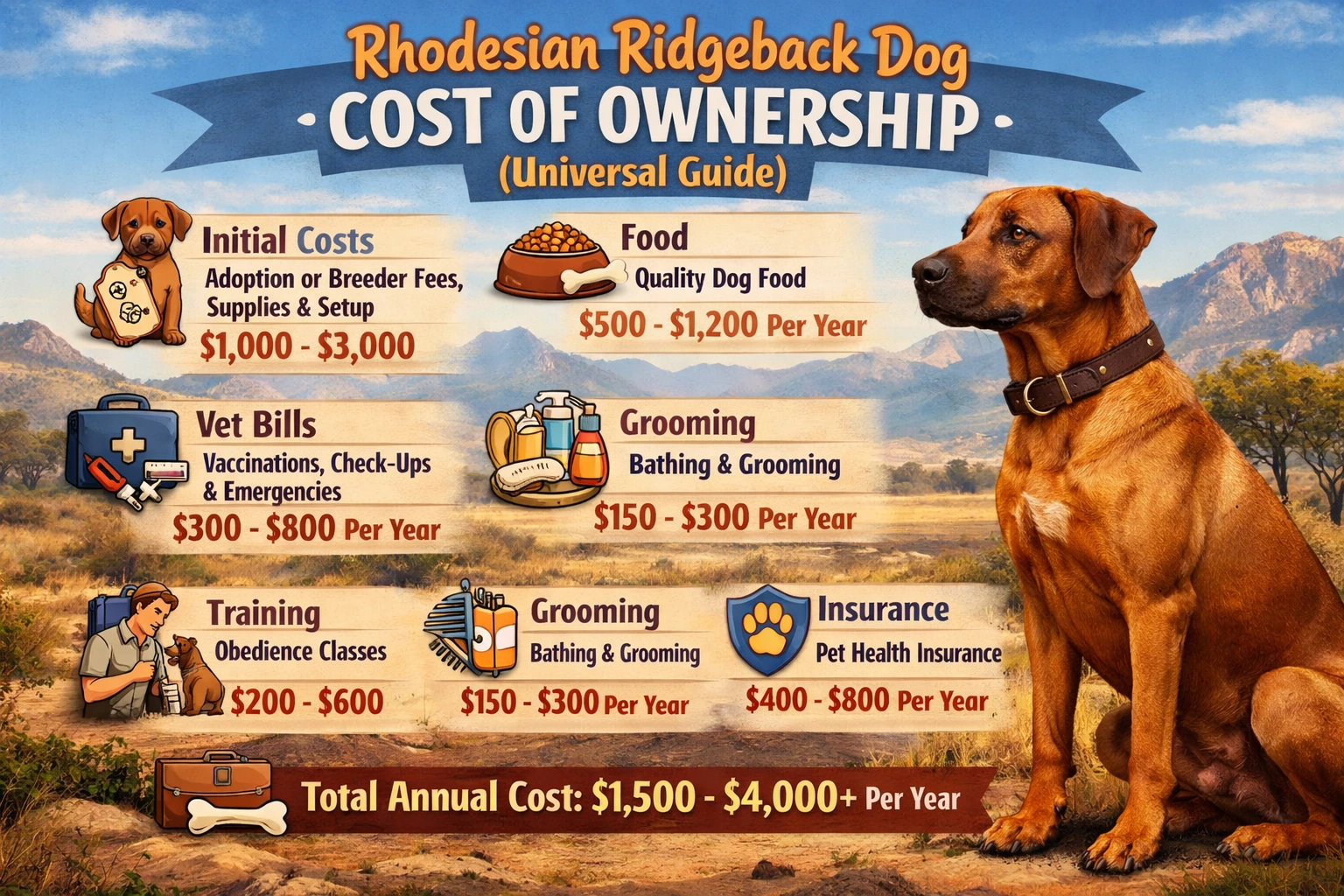 Adult Rhodesian Ridgeback sitting outdoors, illustrating dog ownership costs