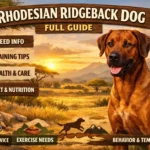 Adult Rhodesian Ridgeback standing in a yard showing muscular build and distinctive ridge along its back