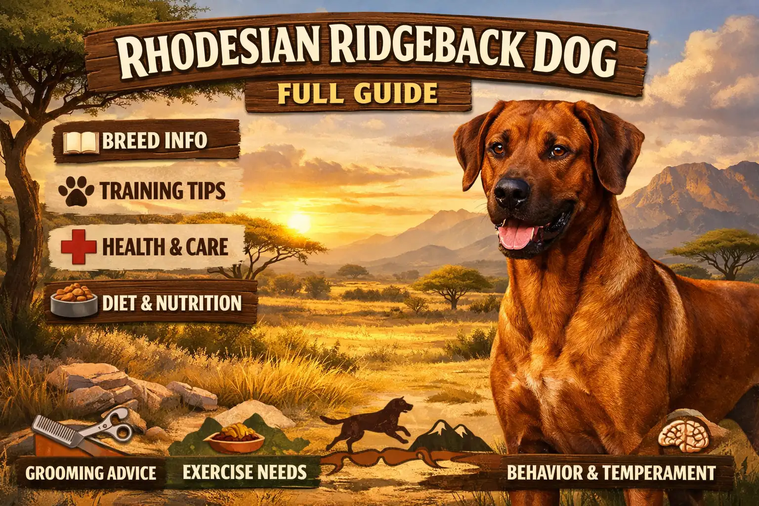 Adult Rhodesian Ridgeback standing in a yard showing muscular build and distinctive ridge along its back