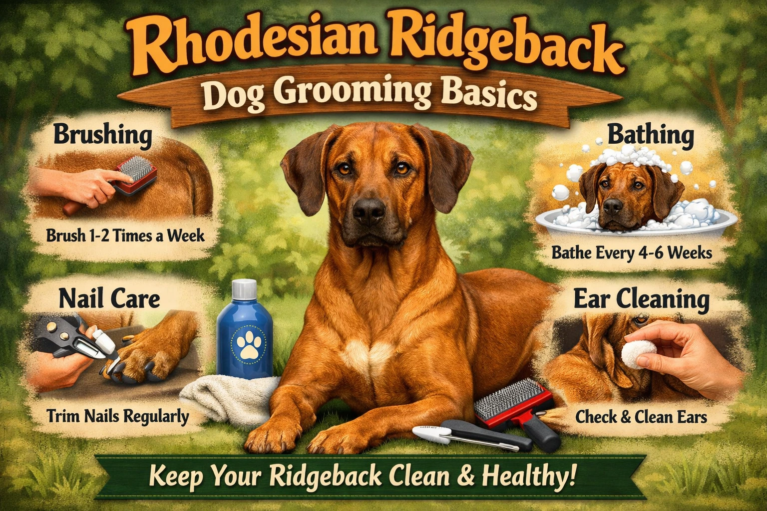 A Rhodesian Ridgeback dog being gently brushed to maintain a healthy coat