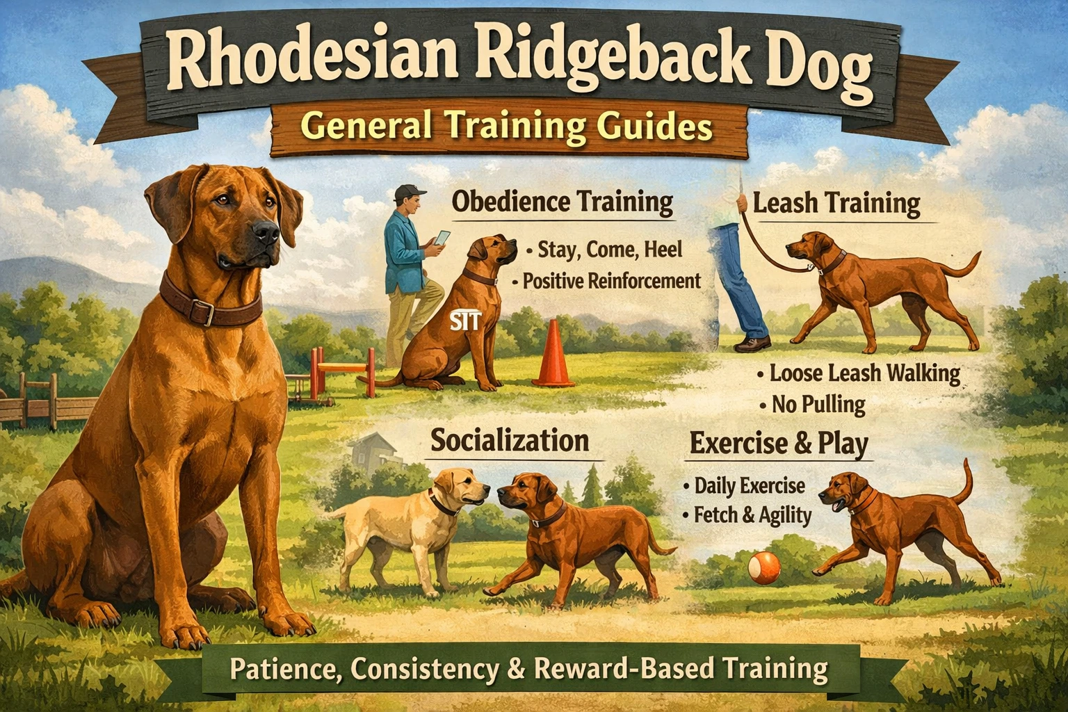 Adult Rhodesian Ridgeback learning commands from owner during a training session