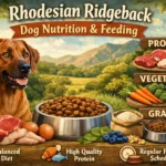 Adult Rhodesian Ridgeback dog eating a balanced meal from a bowl