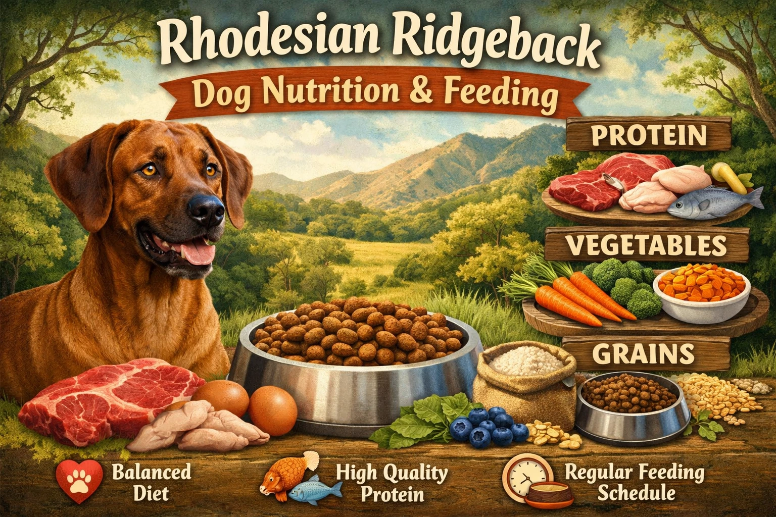 Adult Rhodesian Ridgeback dog eating a balanced meal from a bowl