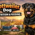 Adult Rottweiler eating a meal, showing broad chest and powerful build