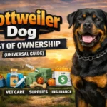 Rottweiler resting at home with food bowls and gear, representing long-term care and expenses