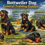 Rottweiler practicing obedience training with handler, showing focus and protective temperament
