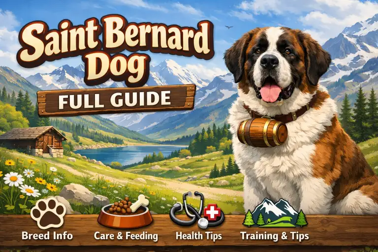Adult Saint Bernard standing outdoors showing size, coat, and facial features