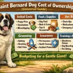 Adult Saint Bernard sitting outdoors with a calm expression, showing its large size and gentle nature.