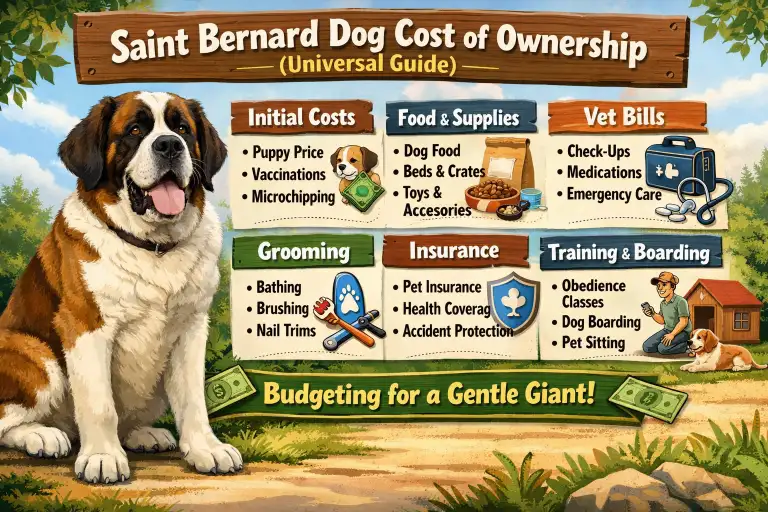 Adult Saint Bernard sitting outdoors with a calm expression, showing its large size and gentle nature.