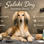 Adult Saluki dog being gently brushed at home, showing smooth coat and feathered ears