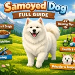 Adult Samoyed dog with fluffy white coat and signature smiling expression standing outdoors