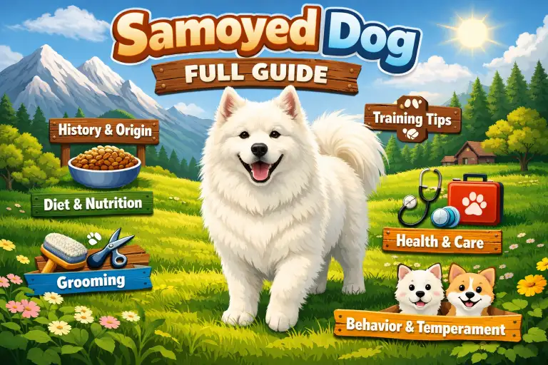Adult Samoyed dog with fluffy white coat and signature smiling expression standing outdoors