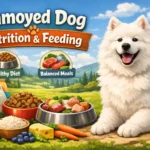 Samoyed dog eating a portion-controlled meal formulated for active medium-large breeds