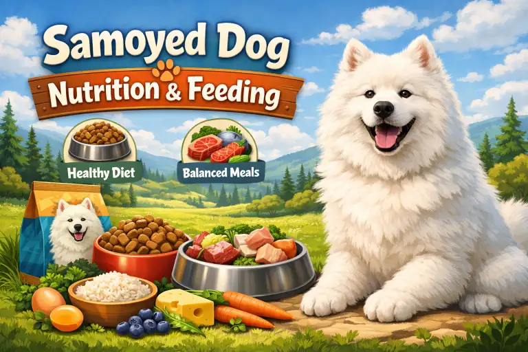 Samoyed dog eating a portion-controlled meal formulated for active medium-large breeds