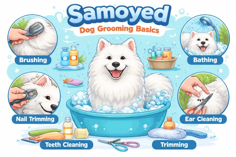 Samoyed being brushed to manage shedding and maintain its dense white double coat