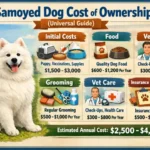 Samoyed dog resting indoors with visible grooming tools, food, and pet accessories nearby