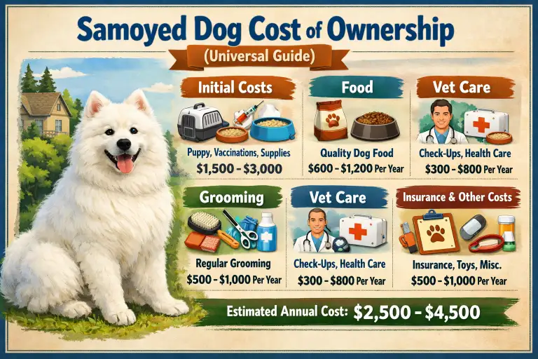 Samoyed dog resting indoors with visible grooming tools, food, and pet accessories nearby