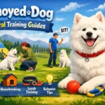 Samoyed dog practicing obedience training with an owner in an open grassy area