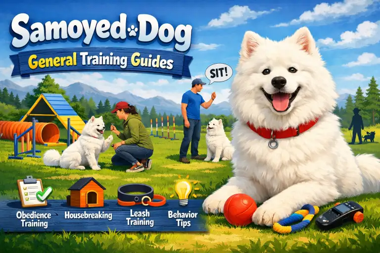 Samoyed dog practicing obedience training with an owner in an open grassy area