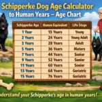 Schipperke age in human years chart showing dog years, human age equivalent, and life stage for this small breed