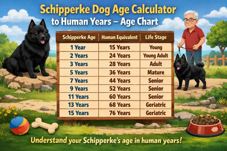 Schipperke age in human years chart showing dog years, human age equivalent, and life stage for this small breed