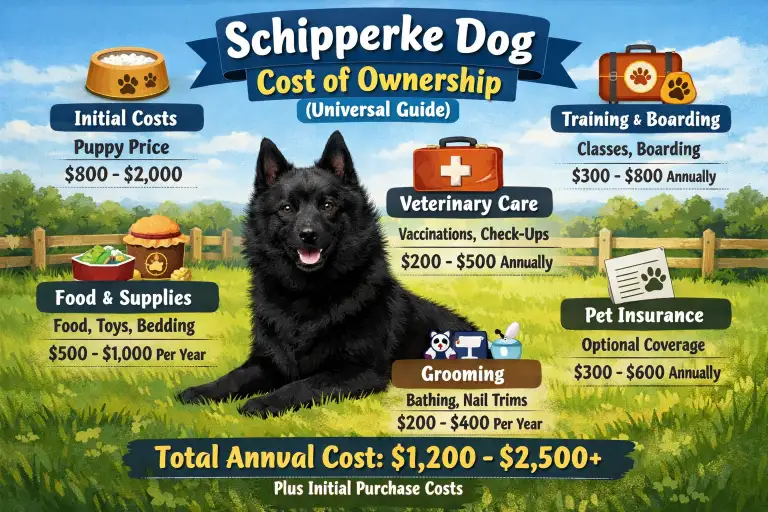 Schipperke puppy cost guide showing adoption fees, monthly expenses, yearly care costs, and lifetime ownership budget