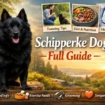 Schipperke dog breed guide showing a small black Belgian dog with alert expression, covering temperament, lifespan, size, care needs, and ownership traits