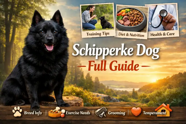 Schipperke dog breed guide showing a small black Belgian dog with alert expression, covering temperament, lifespan, size, care needs, and ownership traits