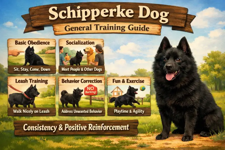Schipperke training guide showing a smart black Schipperke practicing obedience, recall, barking control, and mental stimulation exercises