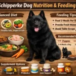 Schipperke dog with healthy food bowl showing best dog food, feeding portions, and diet tips for Schipperkes