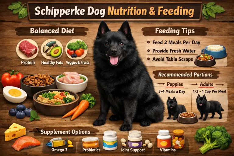 Schipperke dog with healthy food bowl showing best dog food, feeding portions, and diet tips for Schipperkes