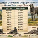 Adult Scottish Deerhound sitting peacefully, representing age progression and large-breed lifespan