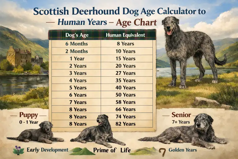 Adult Scottish Deerhound sitting peacefully, representing age progression and large-breed lifespan