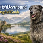 Scottish Deerhound standing outdoors, showing its tall frame, rough wiry coat, and noble sighthound build