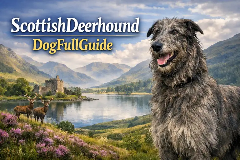 Scottish Deerhound standing outdoors, showing its tall frame, rough wiry coat, and noble sighthound build