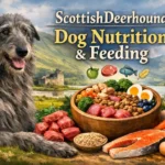 Scottish Deerhound dog eating from a large bowl, reflecting the dietary needs of a giant breed