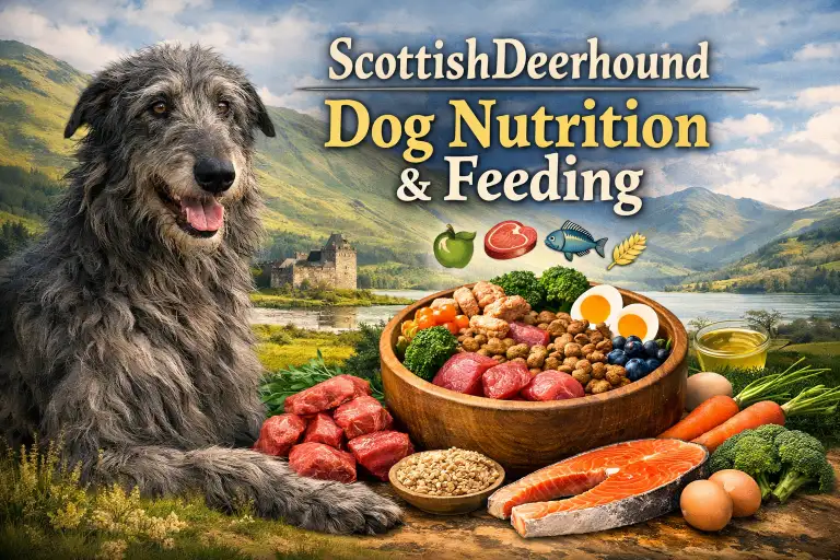 Scottish Deerhound dog eating from a large bowl, reflecting the dietary needs of a giant breed