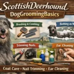 Scottish Deerhound dog being brushed, showing its rough coat texture and grooming needs